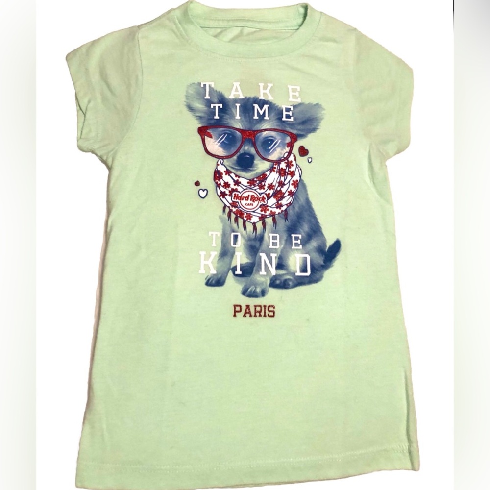 Girls XS Authentic Hard Rock Cafe PARIS short sleeve green Tee T-Shirt Dog Lover